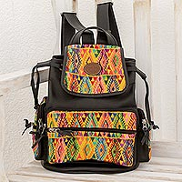 Leather and cotton backpack, 'Guatemalan Complexity' - Black Leather and Cotton Backpack from Guatemala
