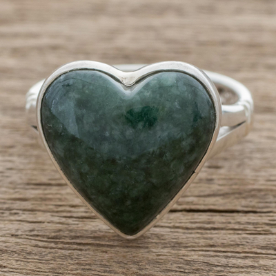 Heart-Shaped Dark Green Jade Cocktail Ring from Guatemala - Love 