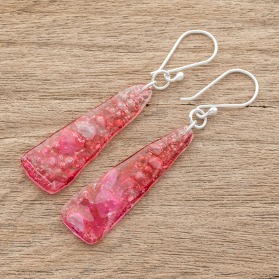 Recycled CD dangle earrings, 'Peaceful Life in Pink' - Recycled CD Dangle Earrings in Pink from Guatemala