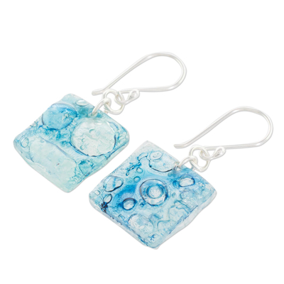 Recycled CD dangle earrings, 'Below the Sea' - Square Recycled CD Dangle Earrings from Guatemala