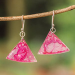 Recycled CD dangle earrings, 'Rosy Geometry' - Pink Triangular Recycled CD Dangle Earrings from Guatemal