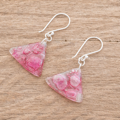 Recycled CD dangle earrings, 'Rosy Geometry' - Pink Triangular Recycled CD Dangle Earrings from Guatemal