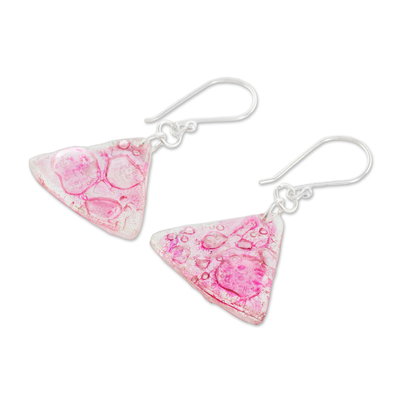 Recycled CD dangle earrings, 'Rosy Geometry' - Pink Triangular Recycled CD Dangle Earrings from Guatemal