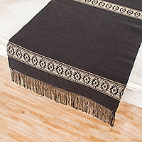 Cotton table runner, 'Beige Moon' - Handwoven Cotton Table Runner in Black from Guatemala