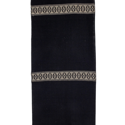 Cotton table runner, 'Beige Moon' - Handwoven Cotton Table Runner in Black from Guatemala