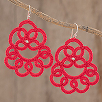 Hand-tatted dangle earrings, 'Elegant Swirls in Poppy' - Hand-Tatted Dangle Earrings in Poppy from Guatemala