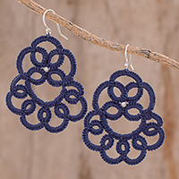 Hand-tatted dangle earrings, 'Elegant Swirls in Indigo' - Hand-Tatted Dangle Earrings in Indigo from Guatemala