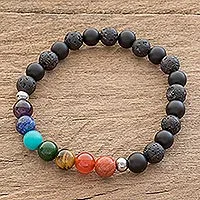 Men's multi-gemstone beaded stretch bracelet, 'Bold Chakra'