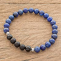 Men's lapis lazuli and agate beaded stretch bracelet, 'Deep'