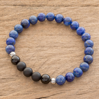 Men's Lapis Lazuli and Agate Beaded Stretch Bracelet - Deep | NOVICA