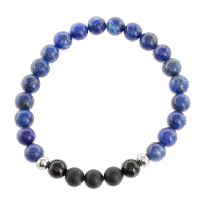 Men's lapis lazuli and agate beaded stretch bracelet, 'Deep' - Men's Lapis Lazuli and Agate Beaded Stretch Bracelet