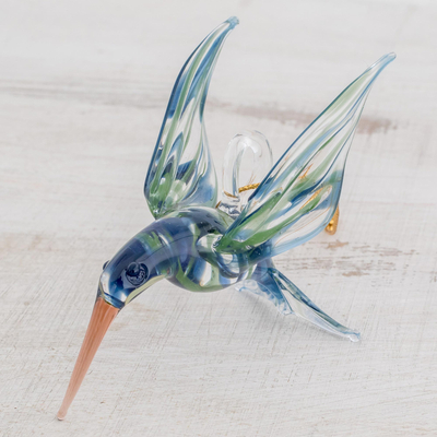 Hummingbird Glass Figurine Blown Art Blue and Red Bird Sculpture 