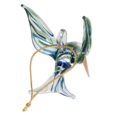 Figura de vidrio soplado, 'Colibrí Trochilinae' - Figura de colibrí azul y verde de vidrio soplado a mano