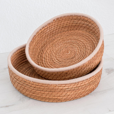Pine needle baskets, 'Journey to Tecpan in Ivory' (pair) - Handmade Pine Needle and Cotton Baskets in Ivory (Pair)