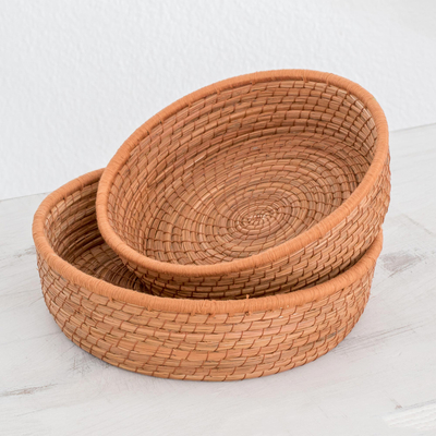Pine needle baskets, 'Journey to Tecpan in Sepia' (pair) - Handmade Pine Needle and Cotton Baskets in Sepia (Pair)