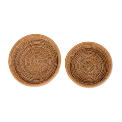 Pine needle baskets, 'Journey to Tecpan in Sepia' (pair) - Handmade Pine Needle and Cotton Baskets in Sepia (Pair)