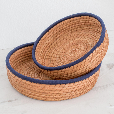 Pine needle baskets, 'Journey to Tecpan in Navy' (pair) - Handmade Pine Needle and Cotton Baskets in Navy (Pair)