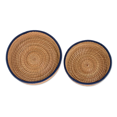 Pine needle baskets, 'Journey to Tecpan in Navy' (pair) - Handmade Pine Needle and Cotton Baskets in Navy (Pair)
