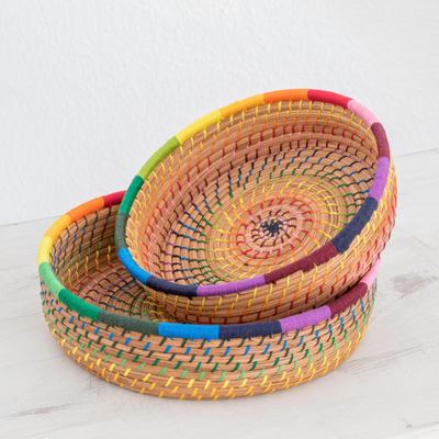 Pine needle baskets, 'Journey to Tecpan in Rainbow' (pair) - Handmade Pine Needle and Cotton Baskets in Rainbow (Pair)