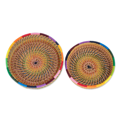 Pine needle baskets, 'Journey to Tecpan in Rainbow' (pair) - Handmade Pine Needle and Cotton Baskets in Rainbow (Pair)