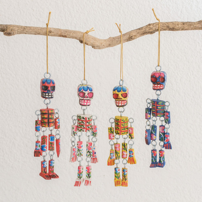 Wood ornaments, 'Colorful Tradition' (set of 4) - Wood Floral Skeleton Ornaments from Guatemala (Set of 4)