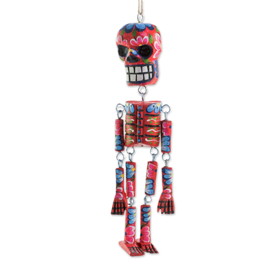 Wood wall ornament, 'Colorful Tradition in Red' (11 inch) - Wood Floral Skeleton Wall Ornament in Red (11 in.)