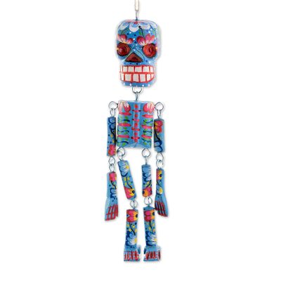 Wood wall ornament, 'Colorful Tradition in Blue' (11 inch) - Wood Floral Skeleton Wall Ornament in Blue (11 in.)