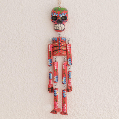 Wood wall ornament, 'Colorful Tradition in Red' (15 inch) - Wood Floral Skeleton Wall Ornament in Red (15 in.)