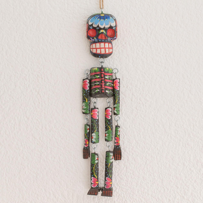 Wood wall ornament, 'Colorful Tradition in Black' (15 inch) - Wood Floral Skeleton Wall Ornament in Black (15 in.)