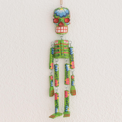 Wood wall ornament, 'Colorful Tradition in Green' (15 inch) - Wood Floral Skeleton Wall Ornament in Green (15 in.)