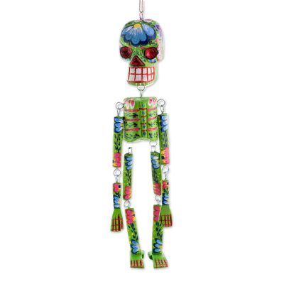Wood wall ornament, 'Colorful Tradition in Green' (15 inch) - Wood Floral Skeleton Wall Ornament in Green (15 in.)