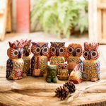 Wood nativity scene, 'Sacred Owls' (9 pieces) - Owl-Themed Wood Nativity Scene from Guatemala (9 Pieces)