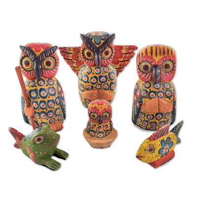 Wood nativity scene, 'Sacred Owls' (9 pieces) - Owl-Themed Wood Nativity Scene from Guatemala (9 Pieces)