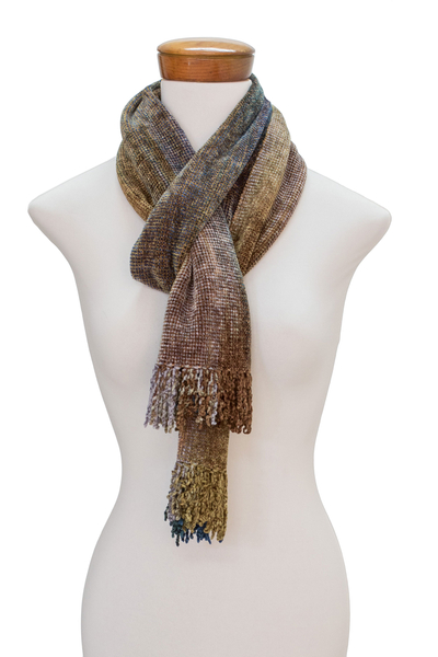 Rayon chenille scarf, 'Paths' - Earth-Tone Rayon Chenille Scarf from Guatemala