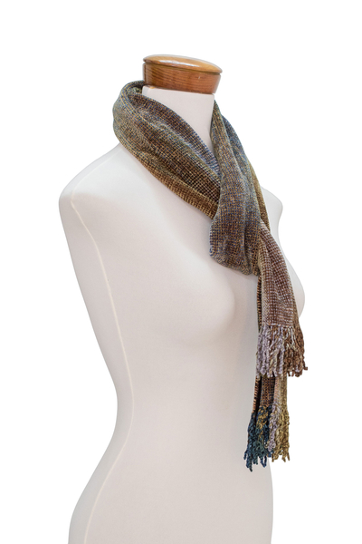 Rayon chenille scarf, 'Paths' - Earth-Tone Rayon Chenille Scarf from Guatemala