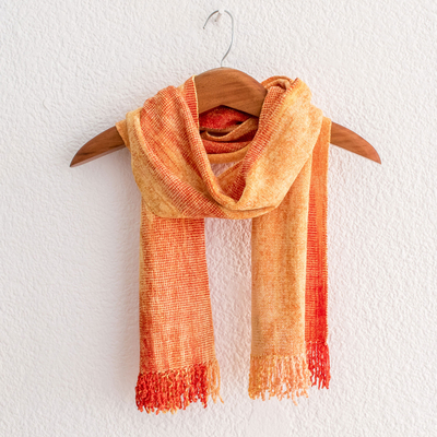 Rayon chenille scarf, 'Sunrise Orange' - Handwoven Orange Rayon Chenille Scarf from Guatemala