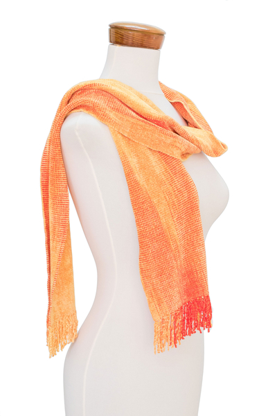 Rayon chenille scarf, 'Sunrise Orange' - Handwoven Orange Rayon Chenille Scarf from Guatemala