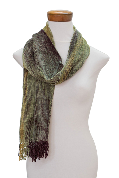 Rayon chenille scarf, 'Profound Green' - Handwoven Green Rayon Chenille Scarf from Guatemala