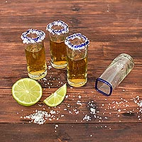 Recycled glass tequila glasses, 'Lakeside' (set of 4) - Square-Rimmed Recycled Glass Tequila Glasses (Set of 4)