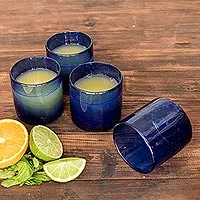 Recycled glass juice glasses, 'Profound Blue' (set of 4) - Recycled Glass Juice Glasses in Blue (Set of 4)