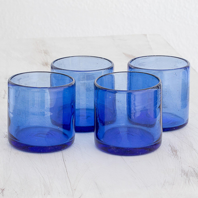 Recycled glass juice glasses, 'Profound Blue' (set of 4) - Recycled Glass Juice Glasses in Blue (Set of 4)