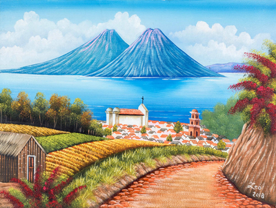 'Between Waters' - Signed Lake Landscape Painting from Guatemala