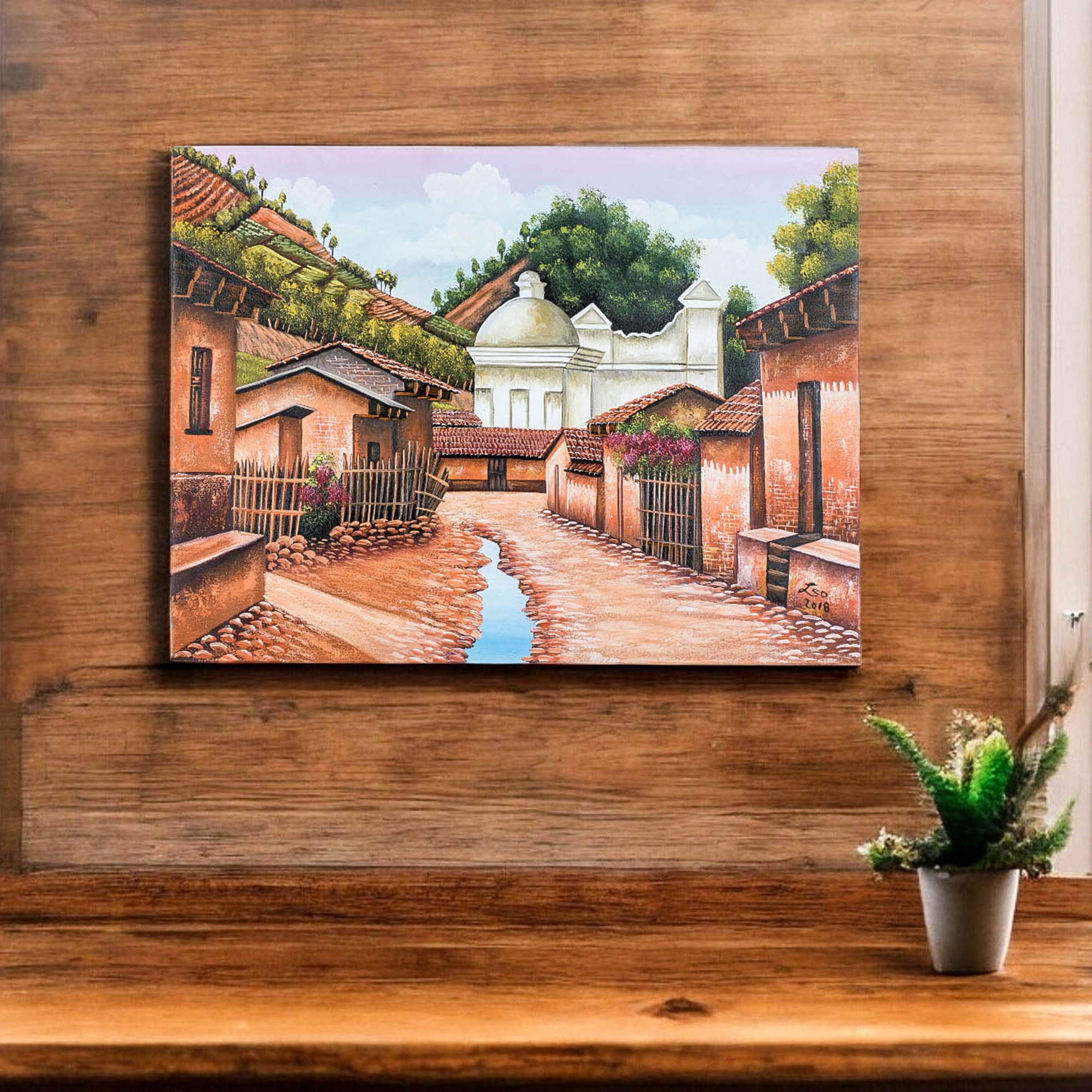 Signed Folk Art Painting of a Guatemalan Town - San Juan Comalapa