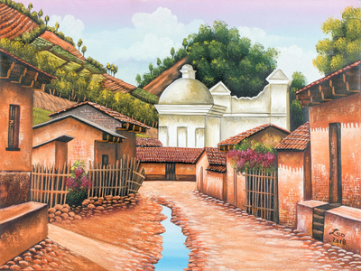 'San Juan Comalapa' - Signed Folk Art Painting of a Guatemalan Town