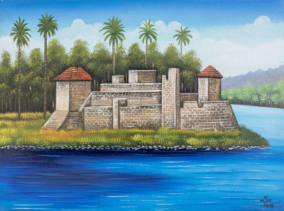 'Castle of San Felipe de Lara' - Signed Folk Art Painting of a Guatemalan Ruin