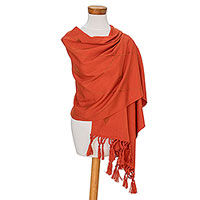 Cotton blend shawl, 'Paprika' - Handwoven Red-Orange Cotton Blend Shawl with Knotted Fringe