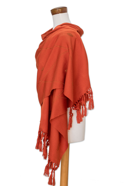 Cotton blend shawl, 'Paprika' - Handwoven Red-Orange Cotton Blend Shawl with Knotted Fringe