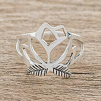Sterling silver band ring, 'Lotus Fascination' - Sterling Silver Lotus Flower Band Ring from Guatemala
