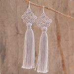 Hand-tatted dangle earrings, 'Antique Details in Grey' - Hand-Tatted Grey Dangle Earrings from Guatemala