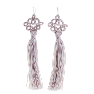 Hand-tatted dangle earrings, 'Antique Details in Grey' - Hand-Tatted Grey Dangle Earrings from Guatemala